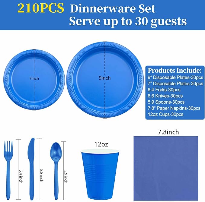 WELLIFE 210Pcs Blue Plastic Plates,Disposable Dinnerware Set,Party Supplies Including Blue Plates, 12oz Cups, plastic Cutlery and Napkins Serve 30 Guests, Plastic Plates for Party