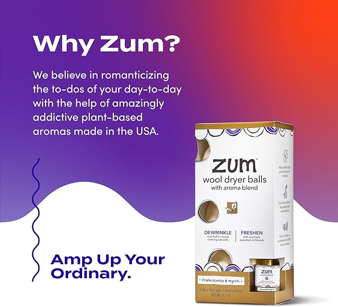 Zum Indigo Wild Laundry Dryer Balls Kit - Wool Laundry Balls for The Dryer - Essential Oil Spray - Reusable Drying Balls for Laundry - Frankincense & Myrrh - (3 Dryer Balls, 1 Aroma Blend)