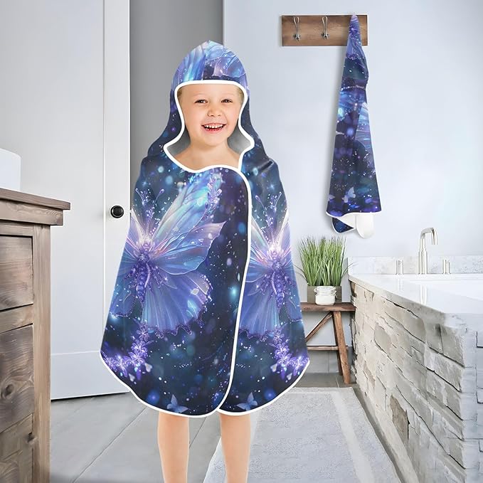 Hooded Towel for Kids Glowing Blue Butterfly Beach Wrap Bath Towels 50x23.5in