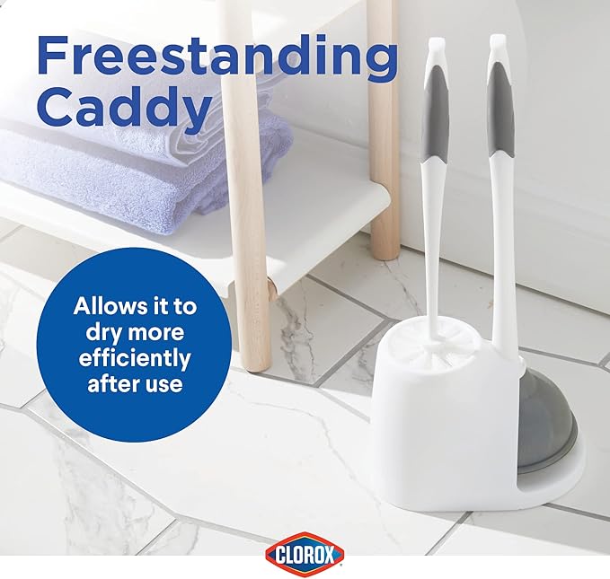 Clorox Toilet Plunger and Bowl Brush Combo with Caddy, 6.75 x 7 x 19.5 in, White/Gray (Pack of 12)