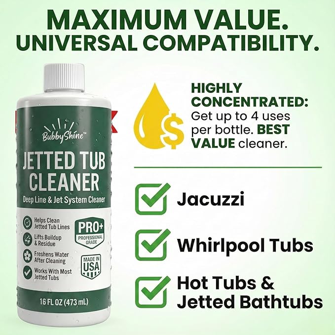 BubbyShine Jetted Tub Cleaner for Bathtub Jets – Deep Cleaning Bathtub Cleaner Formula for Jacuzzi & Whirlpool Tubs, Pro Grade System Flush for Internal Lines and Pipes, Made in USA, 16 oz