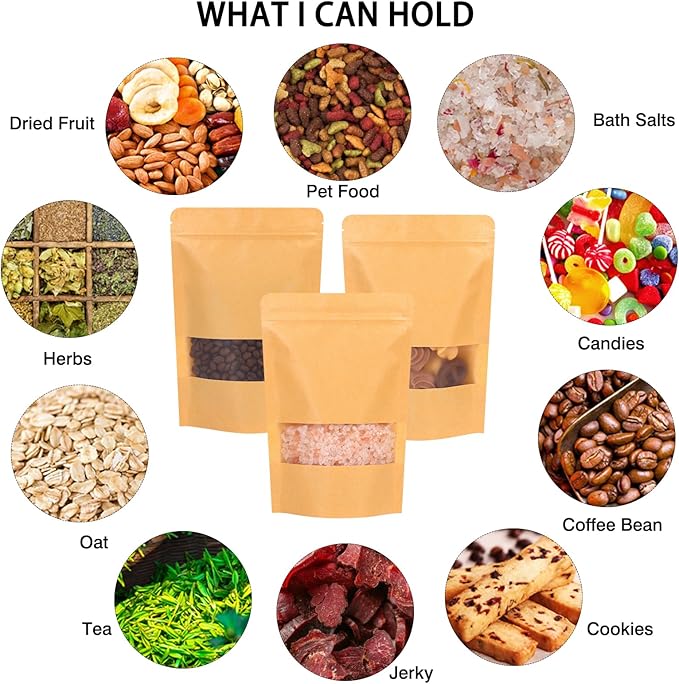 Moretoes 120pcs 5.9x8.6 Inches Kraft Paper Resealable Bags for Small Business, Kraft Bags with Window, Brown Ziplock Coffee Pouches for Home or Business