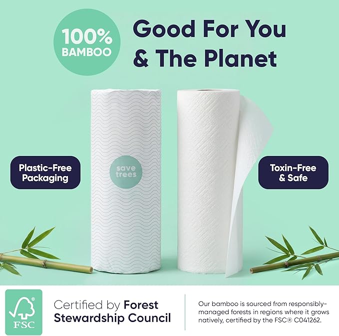 Save Trees Bamboo Paper Towels 6pk - 750 Sheets Paper Towels Rolls Ultra Absorbent & Durable Eco-Friendly - FSC-Certified, totally Plastic-Free, and Vegan