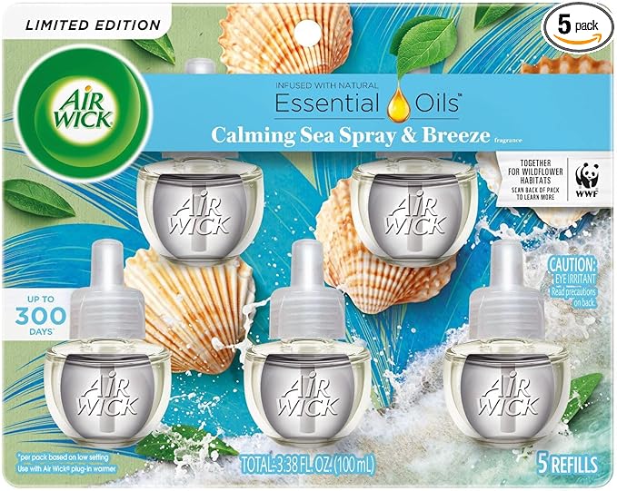 Air Wick Plug In Scented Oil Refill, Infused with Essential Oils, Plug In Air Fresheners for Home, Calming Sea Spray & Breeze, 5 ct