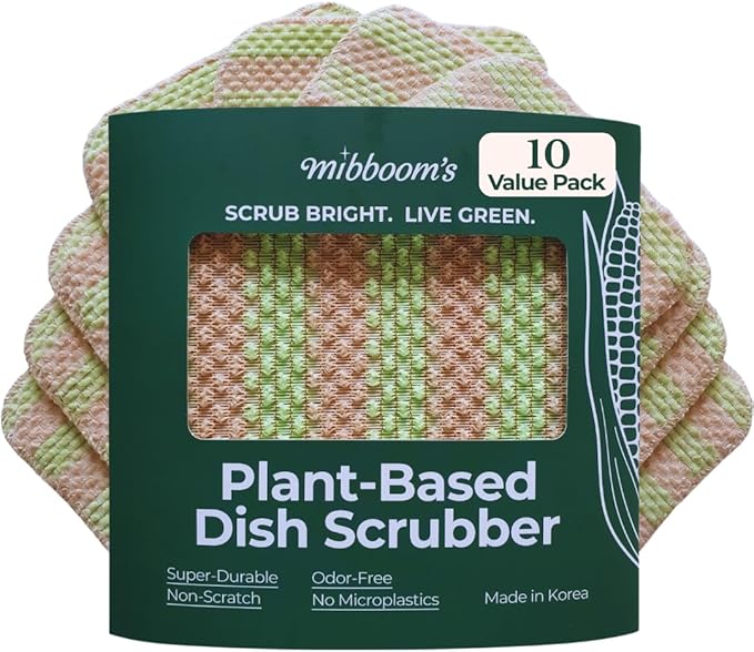 mibboom's Plant-Based Dish Scrubber [10 Pack] - Non-Scratch Corn Scourer, Odor-Free Kitchen Sponges, No Microplastic Dish Cloths for Nonstick Pans, Made in Korea