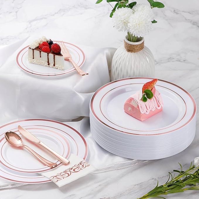 Goodluck 700 Pieces Rose Gold Dinnerware Set for 100 Guests, Plastic Plates Disposable for Party, Include: 100 Dinner Plates, 100 Dessert Plates, 100 Paper Napkins, 100 Cups, 100 Silverware Set