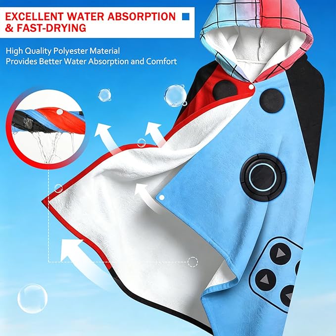 Hooded Towels for Kids - Superfine Fiber Video Game Gamepad Toddler Hood Bath Towels Beach Hooded Poncho Absorbent Pool Toddler Swim Bath Wrap for Boys & Girls 3-10 Years, 60 * 35 inches