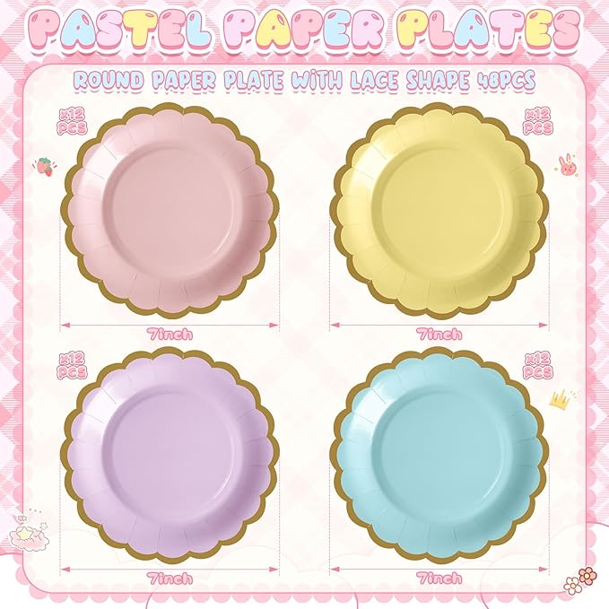 48 Pcs Pastel Paper Plates 7 Inch Easter Scalloped Disposable Dessert Plate for Coquette Bridal Pink Bow Wedding Birthday Baby Shower Party Supplies