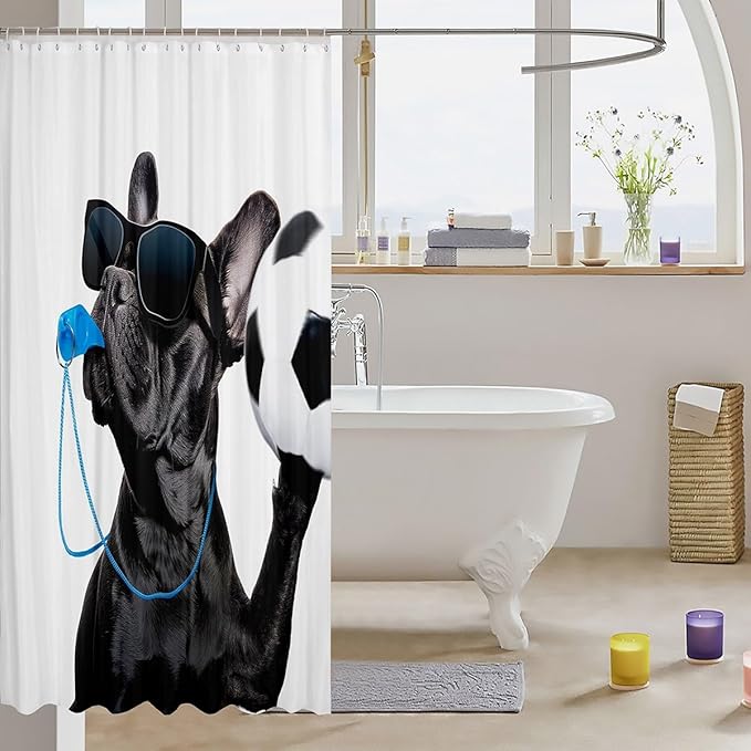 Soccer Ball Waterproof Shower Curtains Dog Football Fabric Bathroom Shower Curtain Kids Boys Sports Competitive Design Shower Curtain Accessories with Hooks Funny Dog Referee Curtains,72x72 Inches