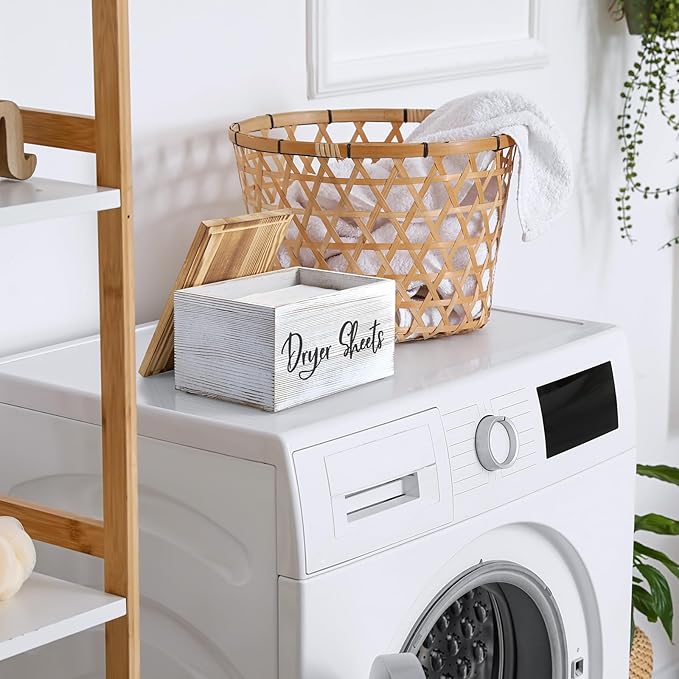 Dryer Sheet Holder, White Washed Wood Laundry Sheets Container, Laundry Room Organization and Storage for Farmhouse Laundry Room Decor and Accessories, Fabric Sheet Holder