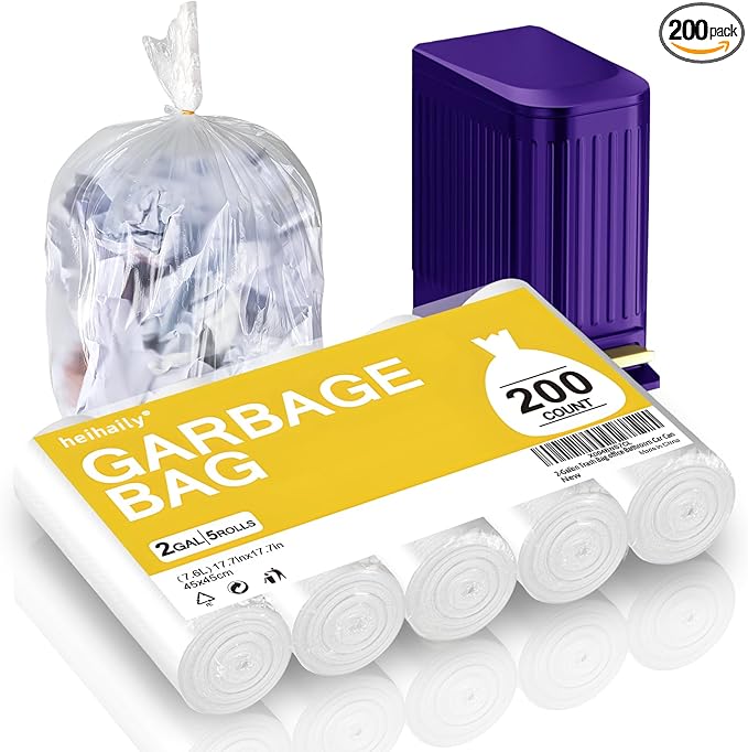 2-Gallon Trash Bag Extra-Small Garbage-Bags - Heihaily Unscented Strong Thick Mini Clear White Bulk 200 Counts Recycling Plastic Liners for Kitchen Office Bathroom Car Can