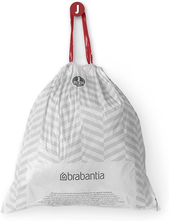 Brabantia PerfectFit Trash Bags (Size J/5.3-6.6 Gal) Thick Plastic Trash Can Liners with Drawstring Handles (120 Bags)