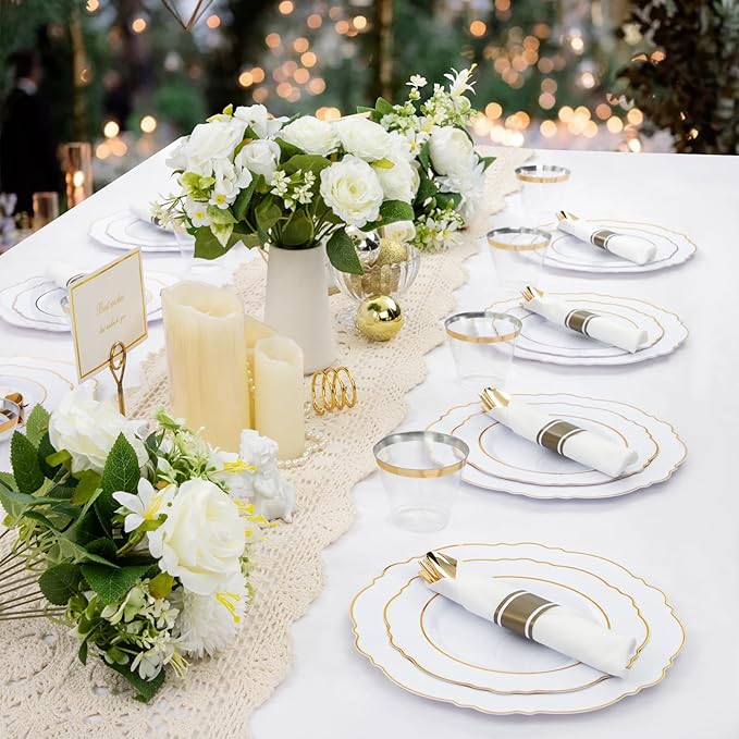 Liacere 350PCS Gold Plastic Plates-Disposable White and Gold Plates 50guest Baroque Plastic Dinnerware include 100Plates, 50Pack Pre Rolled Napkins with Silverware 50Cups for Wedding & Mothers Day