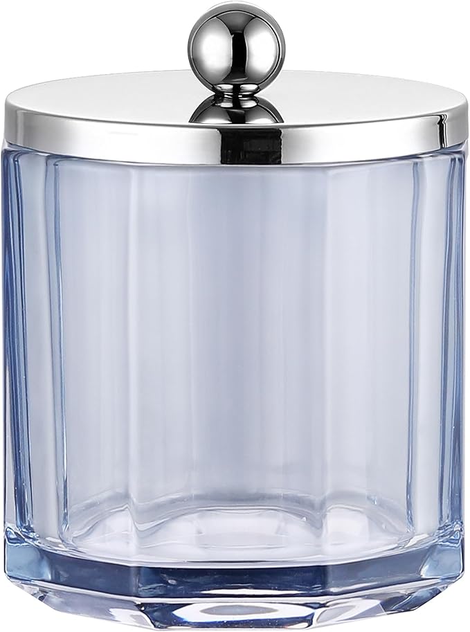 Light Blue Translucent Apothecary Octagional Shaped Glass Canister Jar With Metal Lid Cover for Bathroom Organization, Cotton Balls, Q Tips, and Small Accessories, Bathroom Storage