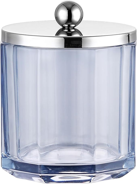 Light Blue Translucent Apothecary Octagional Shaped Glass Canister Jar With Metal Lid Cover for Bathroom Organization, Cotton Balls, Q Tips, and Small Accessories, Bathroom Storage