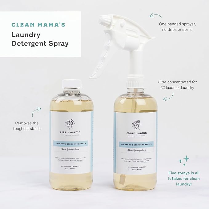 Clean Mama Laundry Detergent Spray & Pre-Treater - Natural Laundry Detergent Soap for Sensitive Skin - Eco-Friendly, HE Compatible - Unscented - 64+ Loads of Laundry, Starter + Refill, 16 oz Each