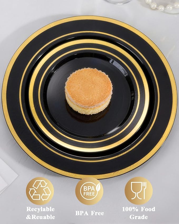 Goodluck 120PCS Black Plastic Plates with Gold Rim, Heavy Duty Disposable Black Plates with 60 10.25 inch Dinner Plates and 60 7.5 inch Dessert Plates for Party, Holiday, Wedding