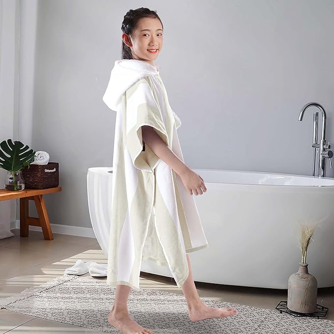 VOOVA & MOVAS Hooded Poncho Towel for Teens Unisex 100% Cotton Minimalist Versatile Beach Camping Bath Cover Up Beige White Bold Stripe