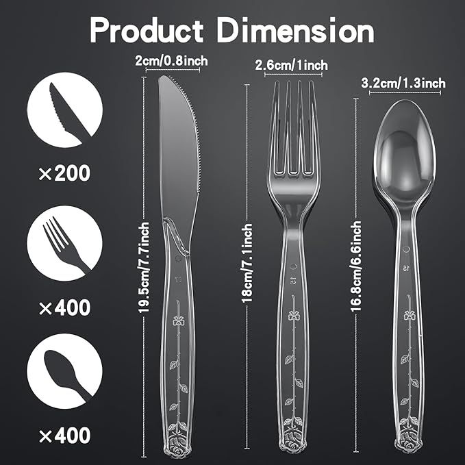 1000 Count Plastic Silverware Heavy Duty 200 Knives 400 Forks 400 Spoons | Shatterproof BPA-Free Disposable Cutlery Heat Resistant Disposable Plastic Utensils for Catering & Events, Party Supplies