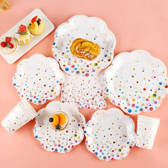 Colorful Birthday Plates and Napkins 200PCS Confetti Happy Birthday Party Plates Set Disposable Tableware Serve 50 for Art Paint Party Supplies Bubble Decorations-Colorful Paper Plates