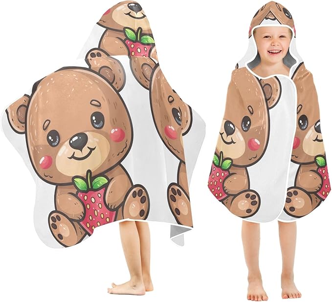 Hooded Towel for Kids Little Bear with Strawberry Beach Wrap Bath Towels 50x23.5in