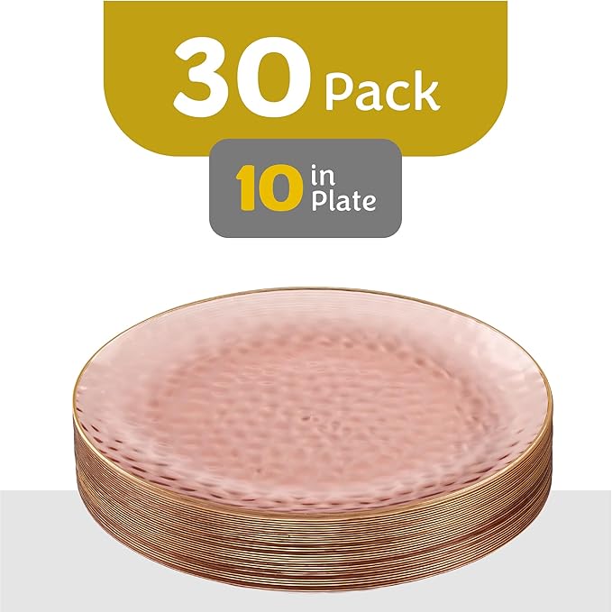PLASTICPRO 30 Pack Hammered Plastic Plates Heavyweight Disposable Plastic Plates Elegant Rose Hammered with Gold Rim Platsic Party Dishes (Rose With Gold Rim, 10'' INCH PLATES)
