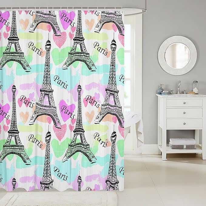 Feelyou Eiffel Tower Shower Curtain for Kids Paris Rainbow Boys Girls Bathroom Shower Curtain Set France Paris Decor Bath Curtain Decor Trip Design Pink Green Kids Bathroom Accessories 72"x84"