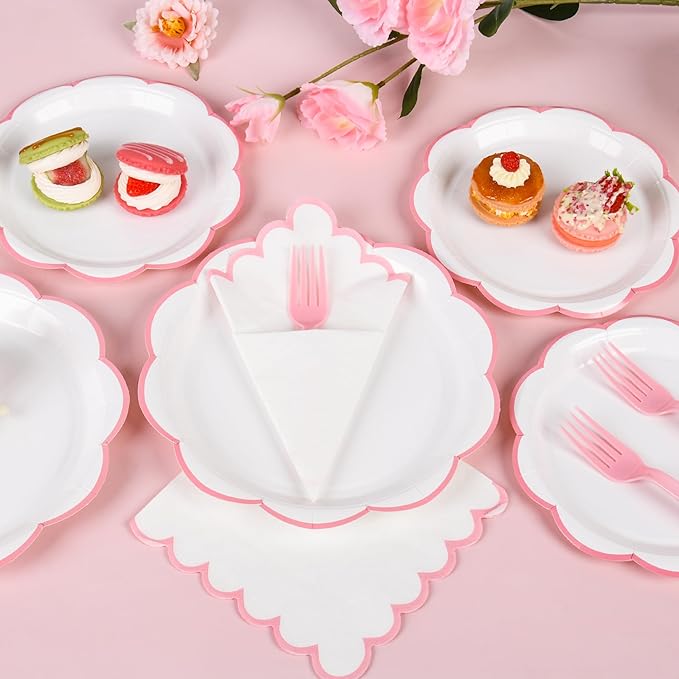 96 Pcs Pink and White Paper Plates and Napkins Set, Tableware set for 24 Guest include White Dessert Plates with Pink Scalloped Edge, Napkins and Forks for Baby Girl Shower, Bridal Shower, Wedding