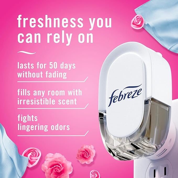 Febreze Plug-In Air Freshener, Odor-Fighting Scented Oil Starter Kit, Air Fresheners for Home and Bathroom and Kitchen, Long Lasting for Strong Odors, Downy April Fresh Scent, Warmer + 2 Refill