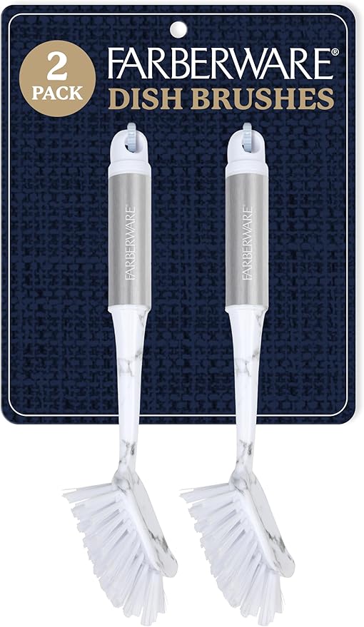 Farberware Dish Brush with Handle – 2 Pack Kitchen Scrub Brush for Dishes, Non-Scratch Dishwashing Brush Set with Firm Bristles for Pots, Pans, & Sink, Long Handles for Everyday Cleaning