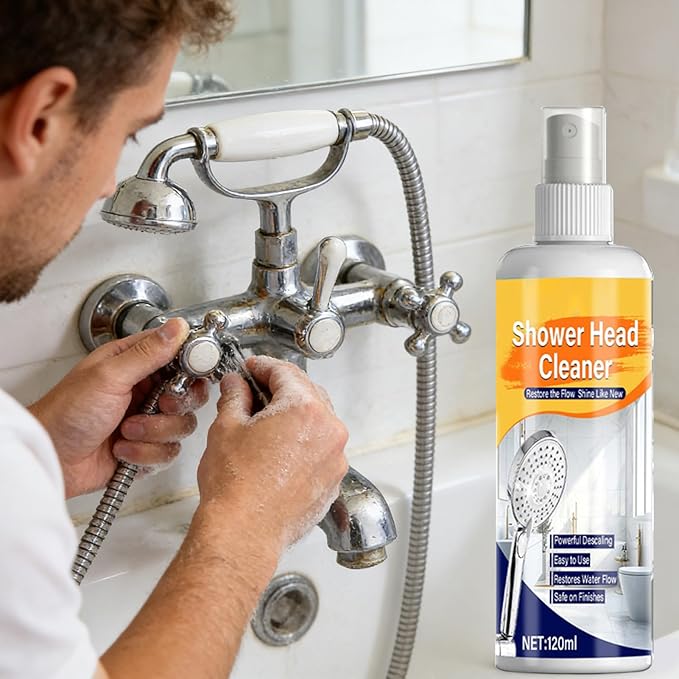 Powerful Shower Cleaner Spray, Multi Purpose Descaling Solution, 120ml Bottle with Microfiber Towel, Household Bathroom Cleaner Kit, Shower Head Accessory Quick Action, Cleaning Tool for Tiles Faucet