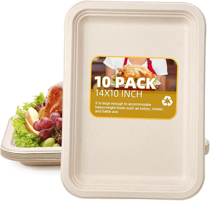 10 Pack Disposable Crawfish Trays,14 Inch Food Trays Heavy-Duty Large Paper Platter Plates, Compostable Sugarcane Platters Serving Crawfish, Lobster, Crab, BBQ at Party