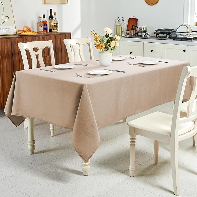 IVAPUPU Textured Linen Table Cloth for Rectangle Tables - Khaki Tablecloths Rectangular Waterproof Wrinkle Free Wipeable Dining Table Cover for Spring Wedding Birthday Kitchen Decor, 52 x 70 Inch