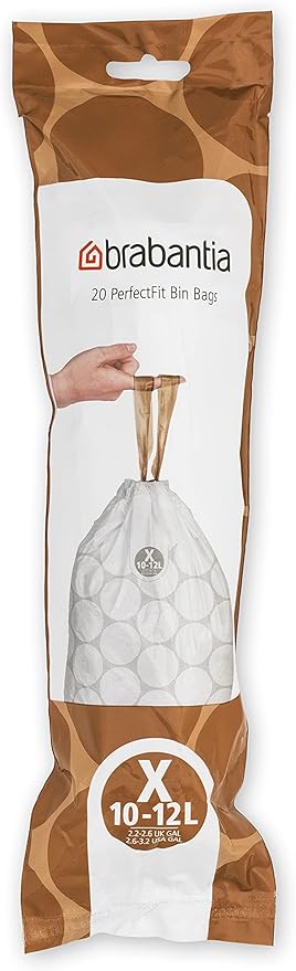 Brabantia PerfectFit Trash Bags (Size X/2.6-3.2 Gal) Thick Plastic Trash Can Liners with Drawstring Handles (200 Bags)