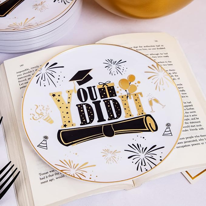 Liacere 150PCS Graduation Plastic Plates - Disposable Black and Gold, Graduation Party include 50Plates 25Knives 25Forks 25Spoons 25Cups