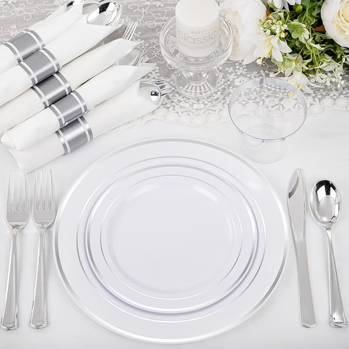 WELLIFE 210 Piece Silver Plastic Dinnerware Set for 30 Guests, Include: 30 Dinner Plates, 30 Dessert Plates, 30 Pre Rolled Napkins with Silverware and 30 Silver Cups