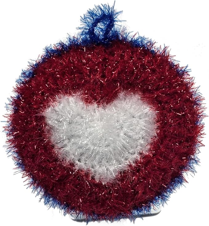 100% Handmade Dish Scrubber White/Red/Blue Design Dishwash Scrubby (Limited Edition) 3Qty (Round Heart (1qty))