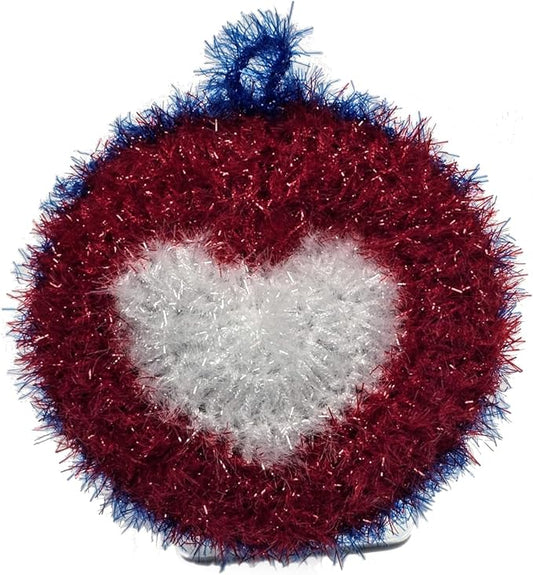 100% Handmade Dish Scrubber White/Red/Blue Design Dishwash Scrubby (Limited Edition) 3Qty (Round Heart (1qty))