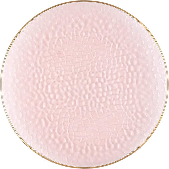 PLASTICPRO 30 Pack Hammered Plastic Plates Heavyweight Disposable Plastic Plates Elegant Clear Platsic Party Dishes (Hammered Pink With Gold Rim, 10'' INCH PLATES)