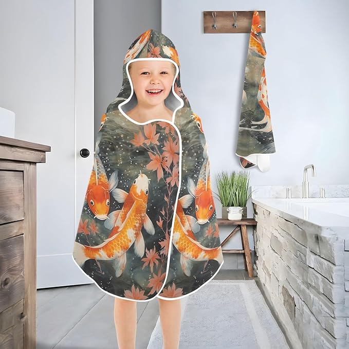 Hooded Towel for Kids Lovely Koi Fish in The Water Beach Wrap Bath Towels 50x23.5in