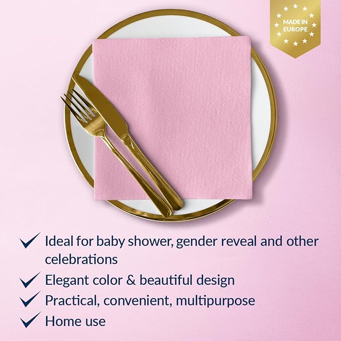 PAW - 50 Pieces Baby Pink Linen-Feel Paper Napkins 16" x 16", Monocolor Disposable Cloth-Like Napkins, Light Pink Dinner Napkins for Baby Shower, Gender Reveal Party, Wedding, Picnic