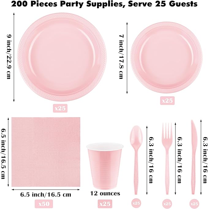 Aodaer 200 Pieces Pink Party Supplies Disposable Dinnerware Set Include Plastic Plates Cups Knives Forks Spoons Paper Napkins for Birthday Wedding Graduation Parties, Serve 25 Guests