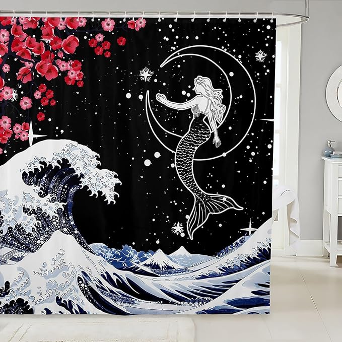 Cherry Blossom Shower Curtain Starry Sky Mermaid Waterproof Shower Curtain 72"Wx72"L,Japan Ukiyoe Theme Bath Curtain Japanese Sea Waves Mount Fuji Botanical Flower Ethnic Kawaii Room Decor
