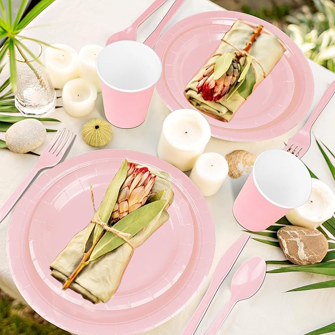 228PCS Pink Party Supplies Set Include Paper Plates Cups Pink Napkins Plastic Spoons Forks Knives for 30 Guests Disposable Party Dinnerware For Birthday Wedding Family Picnic