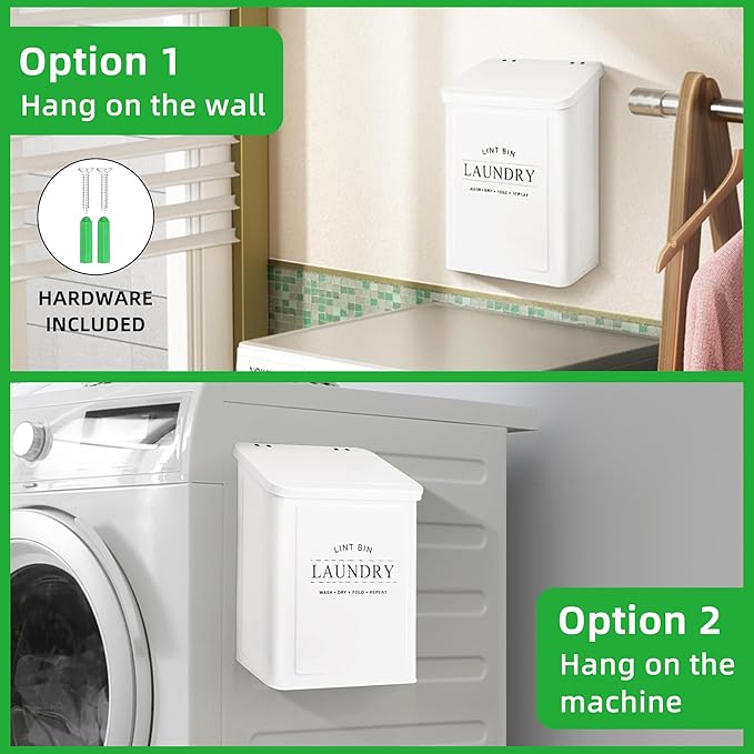 Magnetic Lint Bin for Laundry Room, Metal Lint Container with Lid and Brush, Wall Mounted Lint Box for Dryer, Farmhouse Laundry Room Decor, White