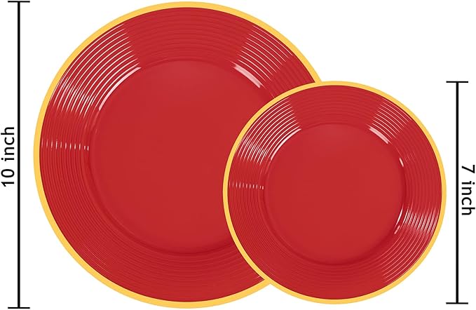 Liacere 100PCS Red Plastic Plates - Heavy Duty Disposable Plates - Red and Gold Plate 100PCS Dinner/Dessert Plate for Party & Graduation & Independence Day & Memorial day