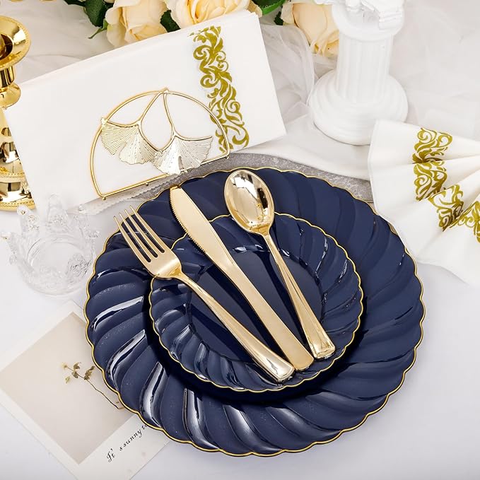 YOUBET 150PCS Blue Plastic Plates - Gold Plastic Silverware - Heavy Duty Navy Blue Disposable Plates include 50 Plates, 25 Forks, 25 Knives, 25 Spoons, 25 Napkins for Wedding Birthday Parties