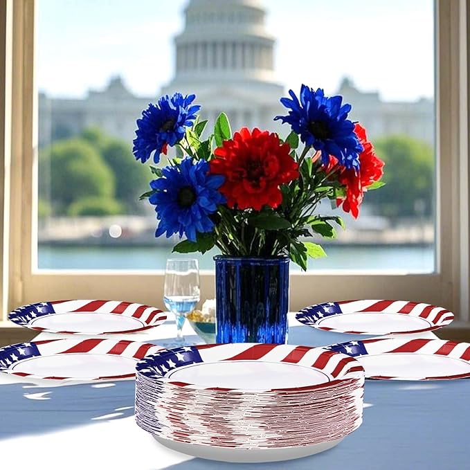 50Pcs 250th Anniversary Patriotic Round Paper Plates 10" Large Heavy Duty Disposable American Flag Red Blue White Dessert Plates 4th of July Dinner Plate for President Election Memorial Day Supplies
