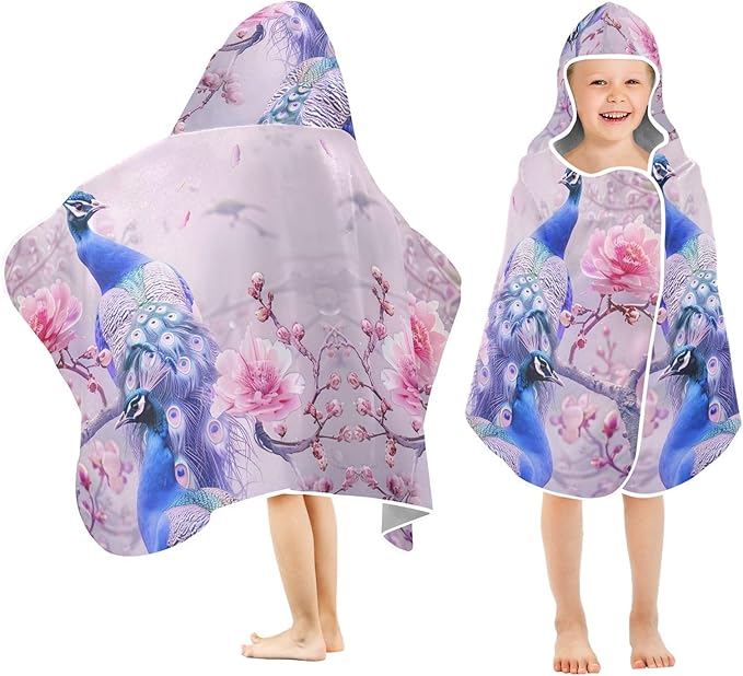 Hooded Towel for Kids A Pair of Pale Blue Peacocks Beach Wrap Bath Towels 50x23.5in
