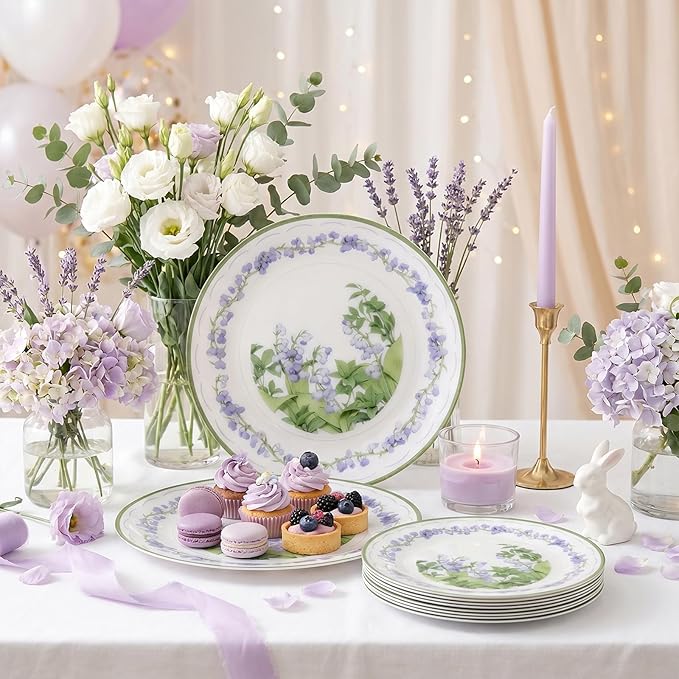 30Pcs Clear and Purple Plastic Plates - Purple Lily of the Valley Plates Disposable Heavy Duty, Perfect for Weddings, Tea Parties, Holidays - 10.25" Dinner & 7.5" Dessert Plastic Plate